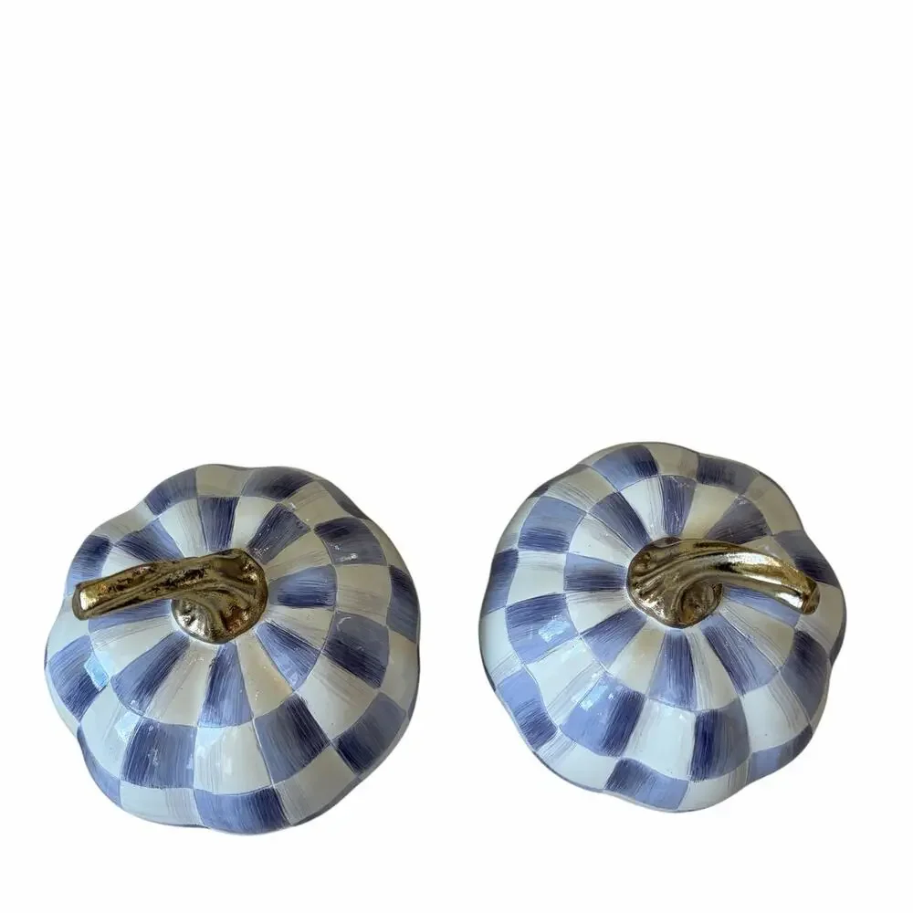 NEW MacKenzie-Childs Classic Violet Check Mini Pumpkin Set of 2 in Original Box